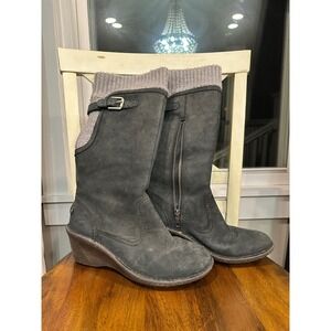 UGG Women's Skyfall Black Suede Knit Wedge Boots‎ Size 8 Wedge Heel Side Zip